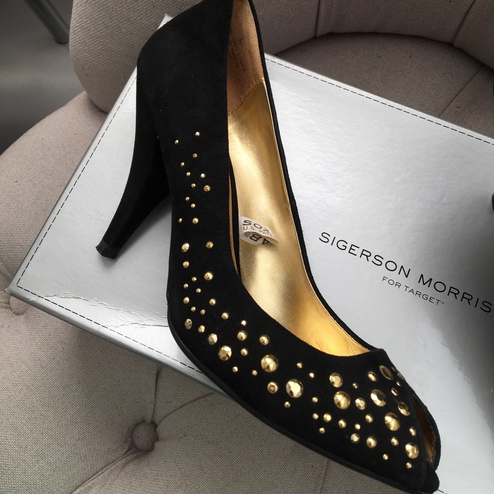 🖤 sigerson morrison target open peep toe leather suede pump heels gold studded 6